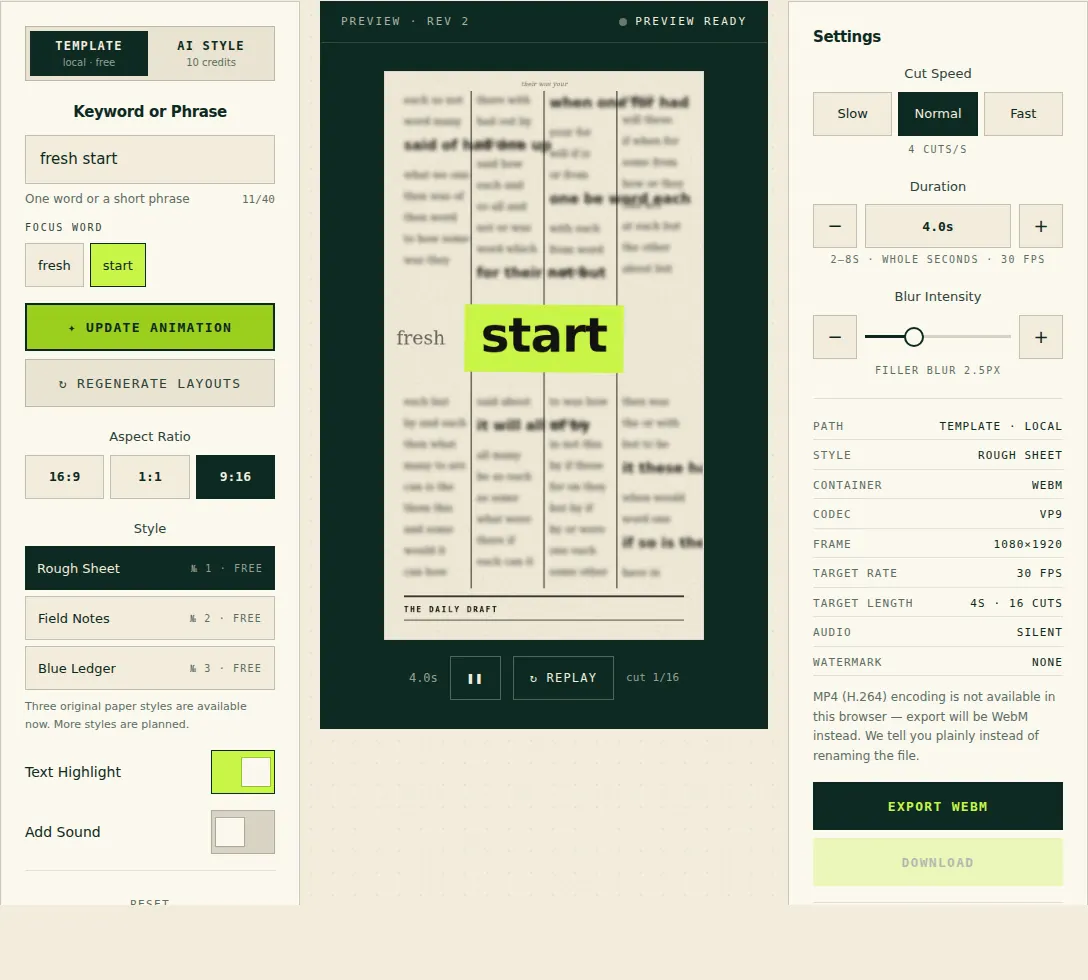 Text Match Cut generator with fresh start selected, start as the focus word, Rough Sheet style and Normal cut speed